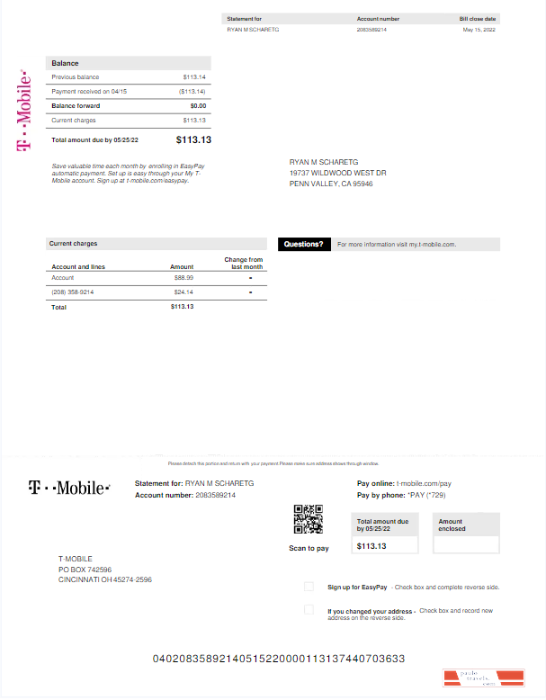 USA T MOBILE utility bill Word and PDF template